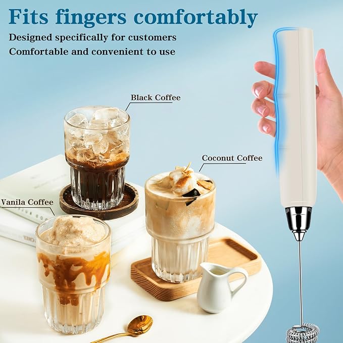 BSRGMS Milk Frother Handheld for Coffee, Electric Whisk 3 Speed Adjustable, Drink Mixer with Stainless 3 Whisks, Rechargeable Hand Frother Wand, for Latte Cappuccino Hot Chocolate Egg Beige