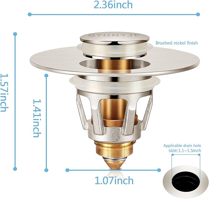 QYHNYJF Bathroom Sink Stoppers Brushed Nickel – Pop Up Drain Stopper & Strainer, 2-in-1 Universal Sink Stopper for 1.1" to 1.5" Bathroom Sink Drain Pipes, Brushed Nickel Finish