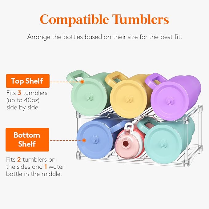 Lifewit Stackable Bottle Storage Organizer, Clear Freestanding Wine Holder for Cabinet, Large Slot Water Bottle Tumbler Cup Organizer for Pantry, Plastic Wine Rack for Fridge Cellar, 2Tier Hold 6