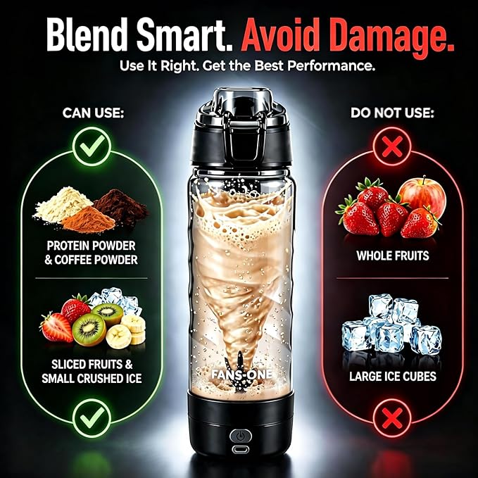 FANS-ONE Electric Protein Shaker Bottle – No Clumps, Smooth Every Time |USB-C Rechargeable Vortex Mixer | Leakproof Double-Lock Lid| 24oz BPA-Free Tritan| Blender For Protein Shakes & Meal Replacement
