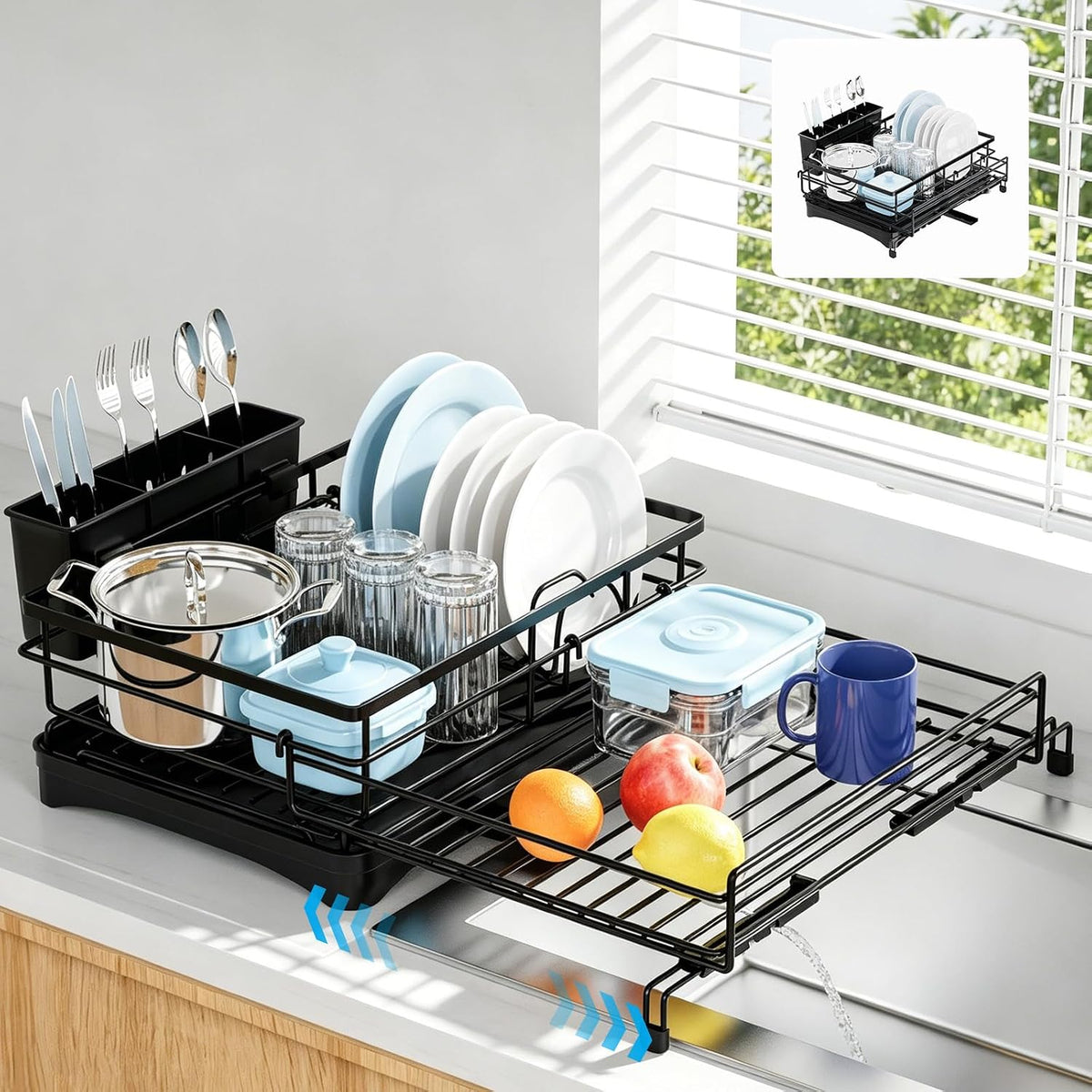 Expandable Dish Drying Rack for Kitchen Counter, Large Capacity Dish Rack with 360° Rotatable Drain Spout & Utensil Holder, Stainless Steel Dish Drainer for Kitchen Sink, Black Trombone