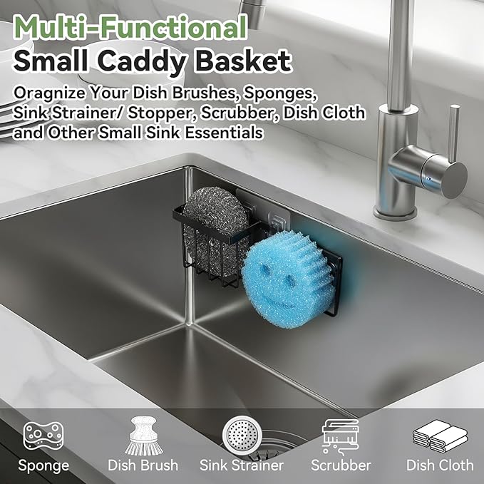 LANDNEOO [Space Saving] Sponge Holder for Kitchen Sink, Great for Scrub Daddy/Scrub Mommy Sponges, Rust-proof Sink Sponge Caddy Organizer for Dish Brush, Scrubber - with Suction Cups & Hooks, Black