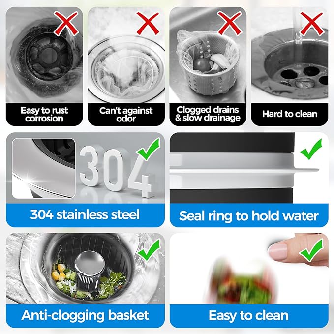 Kitchen Sink Drain Strainer - 2Pack Sink Stopper, Drain Protector, Kitchen Drain Plug & Sink Installation Parts with Anti-Clogging Basket, Fit US Standard 3-1/2'' Sink Drain Hole, Silver