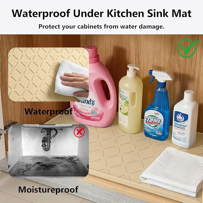 Mateeylife Under Sink Mats for Kitchen Waterproof 28"X19", Undersink Protectors，Silicone Mat Cabinet Liner, Under Sink Organizer for Bathroom and Kitchen，Boot Tray Pet Food Mat, Khaki
