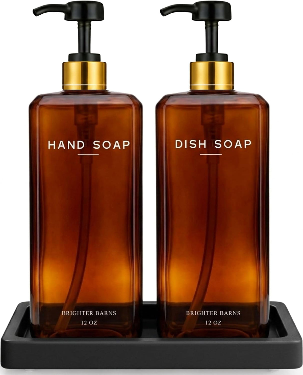 Amber Glass Hand and Dish Soap Dispenser Set - 12oz Kitchen Soap Dispenser Set with Tray and Pump for Kitchen Sink - Organic Modern Home Decor for Restaurants, Hotel, Gifts (Amber)