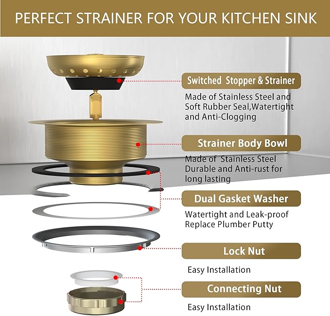 Kitchen Sink Drain Gold Sink Drain Strainer with Fixed Post 3-1/2 Inch Kitchen Drain Assembly with Strainer Basket and Drain Stopper for Standard Kitchen Sink Stainless Steel Brushed Gold