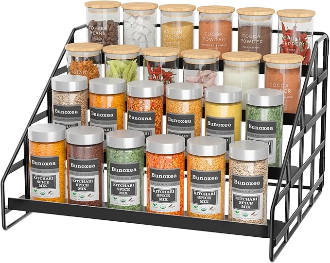 Bunoxea Spice Rack Kitchen Cabinet Organizer,4 Tier Countertop Spice Rack,Tier Depth Adjustable Cabinet Shelf,Step Spice Organization Easy Visibility,Holds Seasoning and Condiments
