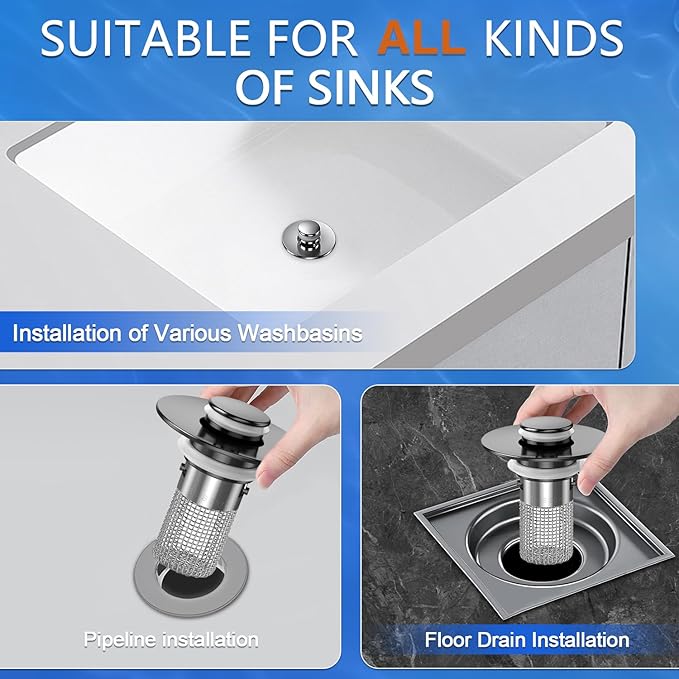 Bathroom Sink Drain Strainer,(2PCS) Pop-up Sink Drain Strainer with Removable Stainless Steel Strainer Basket Hair Catcher, Bathroom Sink Strainer for Bathroom Sink Stopper Replacement
