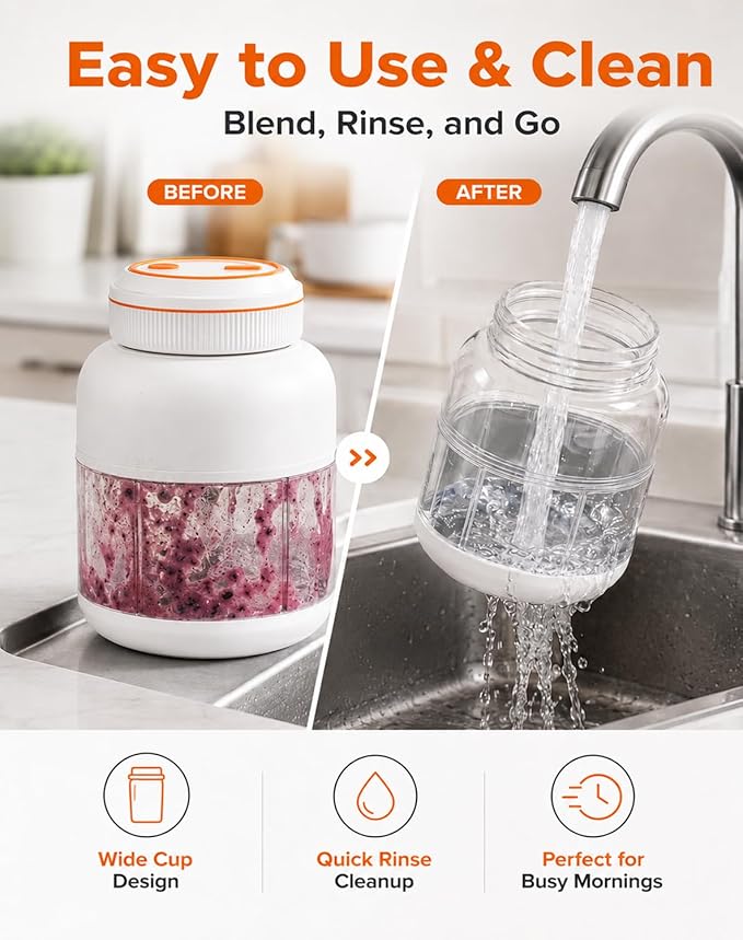 Portable Blender 44oz, Wireless Juicer Cup for Shakes and Smoothies, Personal Size Blender with Dual Lid & Leakproof Handle, Compact Travel Drinking Cup for Gym, Office, Kitchen, Outdoor (White 44oz)
