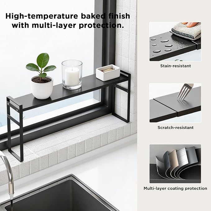 Expandable Narrow Shelf Organizer, Tall Countertop Organizer for Tight Spaces, Windowsill Plant Stand, Over-Sink/Faucet Shelf, Kitchen Counter Storage, Bathroom Vanity, Laundry Room (Black)