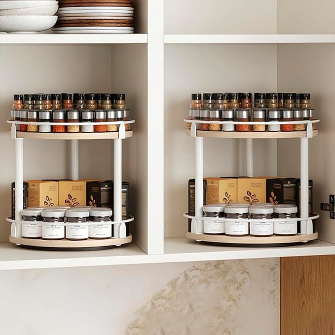 Lazy Susan Organizer, Rotating Spice Rack, White and Light Oak SR22WG