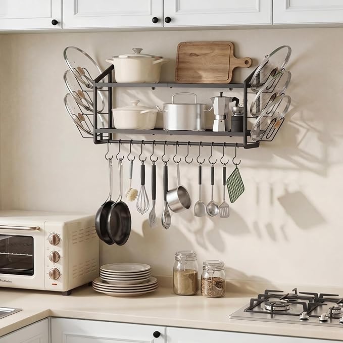 VOPEAK 30" Pot Rack Wall Mounted with 6 Detachable Pot Lid Holders,12 Adjustable S Hooks for Hanging Pans,2 Tier Black Heavy Duty Metal Shelves for pots and pans Organizer,200lbs Capcity,Space Saving