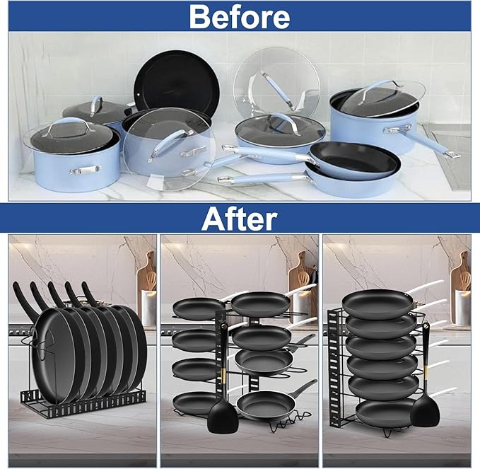 COCIVIVRE Pot and Pan Organizer, 8 Tiers Pot Lid Organizer, Adjustable Pots and Pans Organizer Under Cabinet with 3 DIY Methods for Kitchen Cabinet Cookware Organizers and Storage