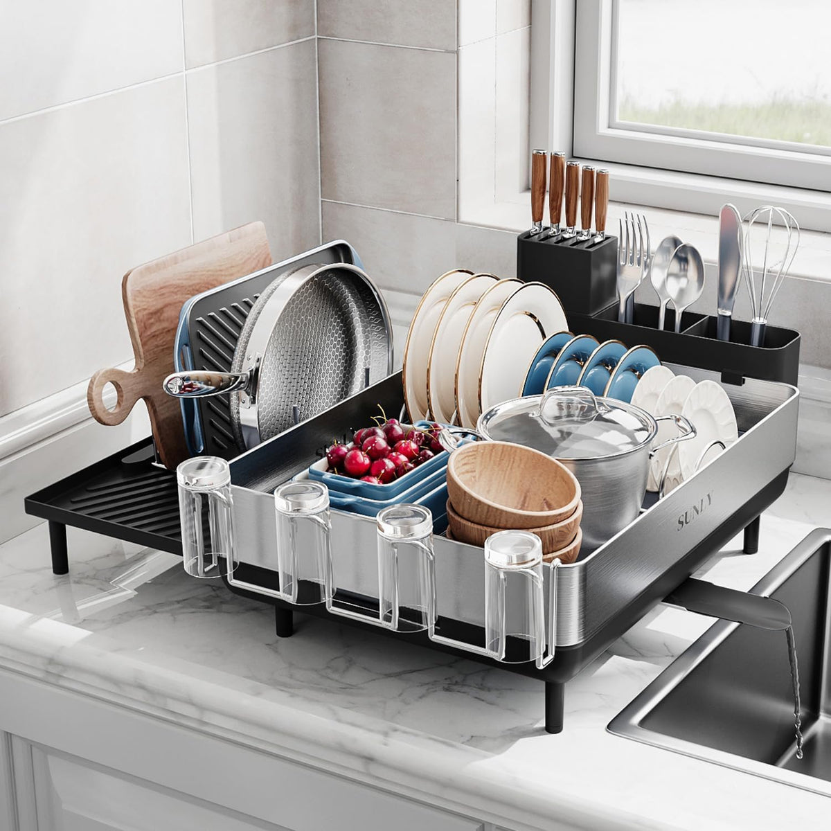 Large Dish Drying Rack, Expandable Dish Racks for Kitchen Counter, Space Saving 304 Stainless Steel Drying Rack Kitchen, Extra Large Drainer with Multifunctional Flip Up Pegs, Black
