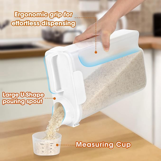 TBMAXS 5-7 Lbs Dog Cat Food Storage Container, Portable Travel Pet Food Storage Container with Measuring Cup, Easy-Pouring Bird Seed Dispenser, Airtight Rice Cereal Oatmeal Flour Dispenser -White