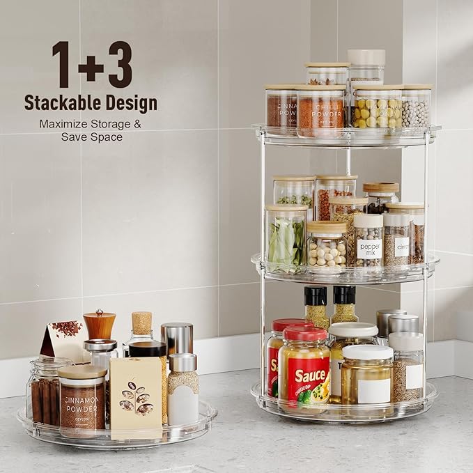 2 Pack 2 Tier Lazy Susan Organizer, 9.25'' Lazy Susan Turntable for Cabinet, Stackable Turntable Organizer Rotating Spice Rack Organization for Kitchen Countertop, Pantry, Bathroom, Clear