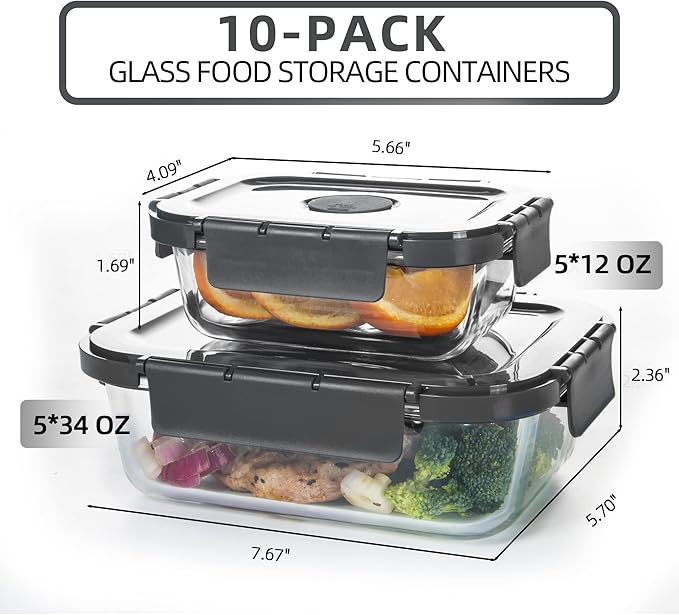 10 Pack Glass Food Storage Containers with Lids, Airtight Meal Prep Containers, Glass Lunch Containers Built in Air Vents, Dishwasher Safe, Grey