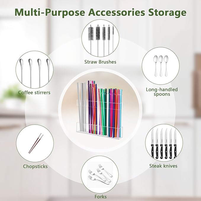 7.5" Small Acrylic Straw Holder for Cabinet Door - Reusable Tumbler Straw Organizer Storage, Small Kitchen Accessories Container, Ultra Sticky Cupboard Door Mounted (Transparent)