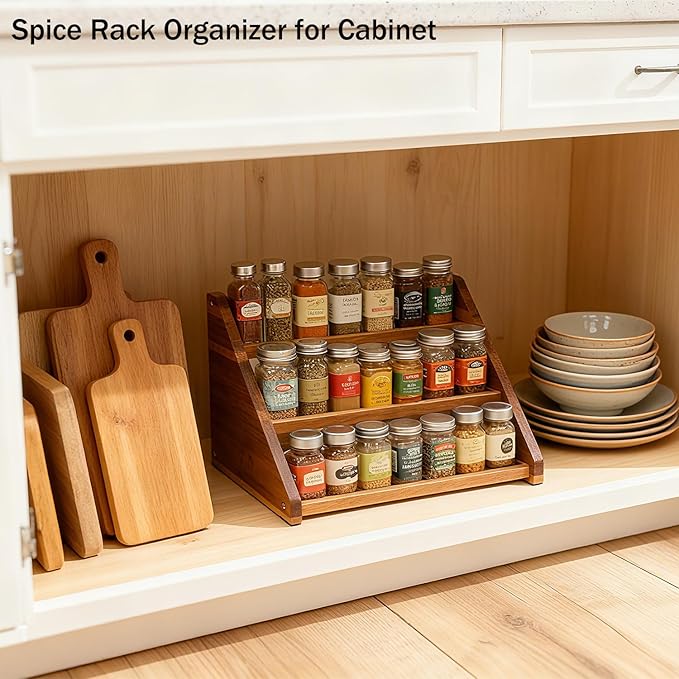 Acacia Wooden Spice Rack for Countertop - 3 Tiered Spice Rack Organizer for Cabinet - Kitchen Spices Organizers Holds 21 Jars - Spices Shelf for Kitchen Storage Pantry Seasoning Organizer