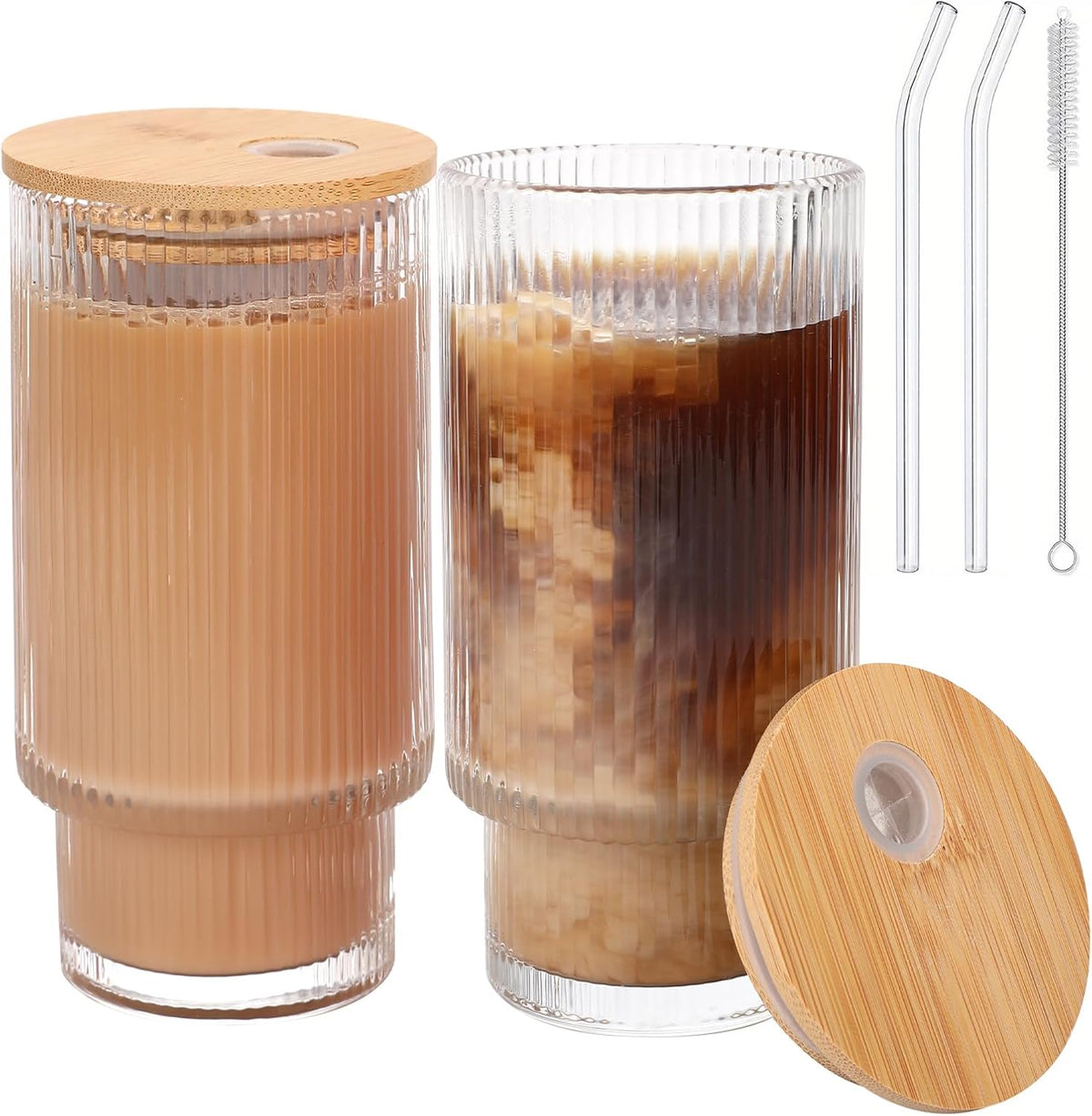 Glass Cups with Bamboo Lids and Straws - 16 oz Reusable