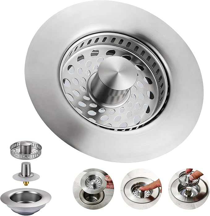 ARCORA Kitchen Sink Drain Strainer: Stainless Steel 3 in 1 Sink Stopper with Anti-Clogging Basket, Kitchen Strainer with Brass Bounce Core for Standard 3-1/2 Inch Drain, Brushed Nickel