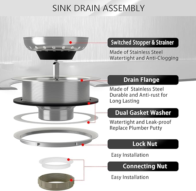 Kitchen Sink Drain 3-1/2 Inch Brushed Stainless Steel Sink Drain Strainer Assembly Kit with Sink Strainer Basket and Drain Stopper for Standard Kitchen Drains Brush Nickel Silver