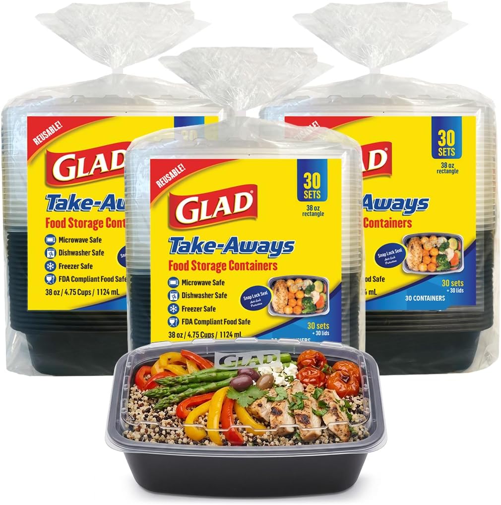 Take-Aways 38 oz Food Storage Containers, 90 Pack, Snap-Seal Lids, Made in North America, Microwave, Freezer & Dishwasher Safe