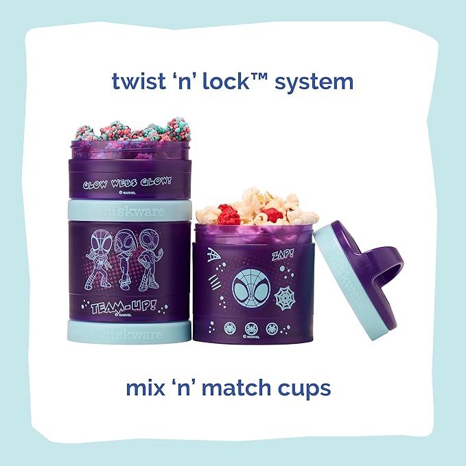 Whiskware Spider-Man Team Spidey Stackable Snack Containers for Babies, Kids, and Toddlers, 3 Stackable Snack Cups for School or Travel, Cupholder Friendly, Glow Webs Glow!