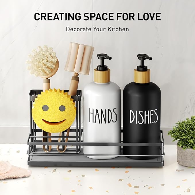 Moforoco Kitchen Dish Soap Dispenser Set, 16OZ Glass Bottle, Hand and Dish Soap Dispenser Set, Instant Dry Tray, Brush Holder with Smiley Face Sponge Holder (Black Tray+Black&White Bottle)