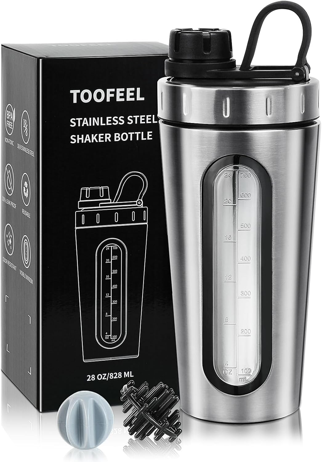 Shaker Bottles for Protein Mixes 28 oz Stainless Steel Protein Shaker with 2 Mixing Ball, Not Stays Cold/Hot, Visible Window Metal Shaker Cups, Leakproof, BPA Free Bottle Shaker