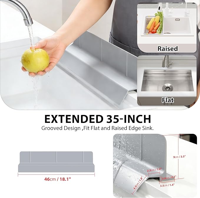 18Inch Sink Splash Guard – Extended Length & Tall Silicone Kitchen Sink Splash Guard with Overhang Drainage Design & Strong Suction Cups for Countertop (Grey, 18''x3.5'')