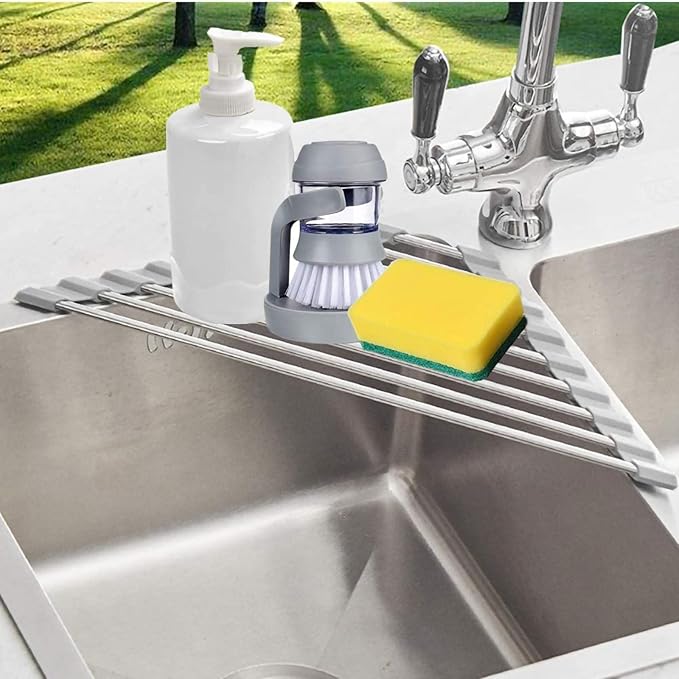 Triangle Dish Drying Rack for Sink Corner Roll Up Folding Stainless Steel Multipurpose Over The Sink Dish Drainer Mat for Kitchen (Grey)