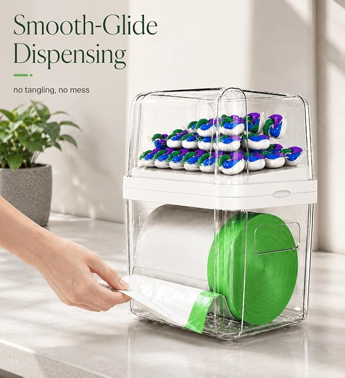Trash Bag Dispenser & Dishwasher Pods Organizer, Clear Acrylic Garbage Bag Holder Under Sink Organizer With Removable Lid, Laundry Pods Container for Kitchen Pantry Laundry Room
