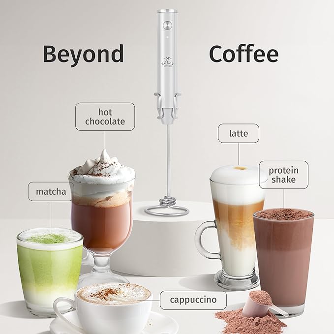 Zulay Kitchen Rechargeable Milk Frother Handheld - Frother Wand, Drink Mixer, Electric Whisk Frother, for Cappuccinos, Matcha & Protein Powder - Lux 4 Whisk 2 Speed Waterproof 2000mAh White