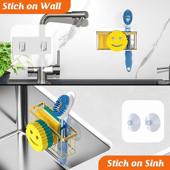 MURLONG Sponge Holder Smiley Face, Sink Caddy for Kitchen Sink, Sink Organizer Sponge Holder with 2 PCS Suction Cups/1 PCS Adhesive Strips, Designed for Sponge, Soap, Dish Brush, Scrubber-Gold