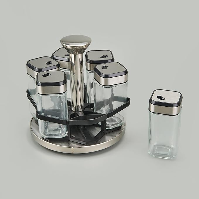 Rotating Spice Rack Organizer with 6 Glass Jars, Stainless Steel & Black Metal Stand, Space-Saving Countertop Spice Carousel, Modern Seasoning Storage Set for Kitchen, Home & Restaurant