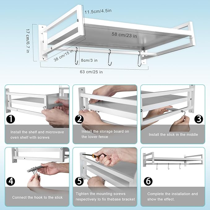 ABCOOL Wall Mount Microwave Oven Shelf Rack for Kitchen Home, Black Carbon Steel Counter Countertop Holder with Hook Rail and 3 Slidable Hooks