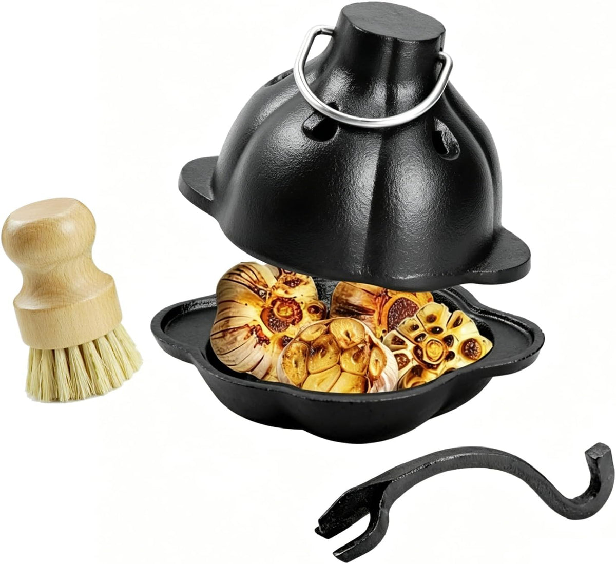 Cast Iron Garlic Roaster with Ring Handle and Cleaning Brush, Food Grade Garlic Baker for Oven and Outdoor Grill, Heavy Duty Roasting Pot for Gourmet Cooking and BBQ Enthusiasts