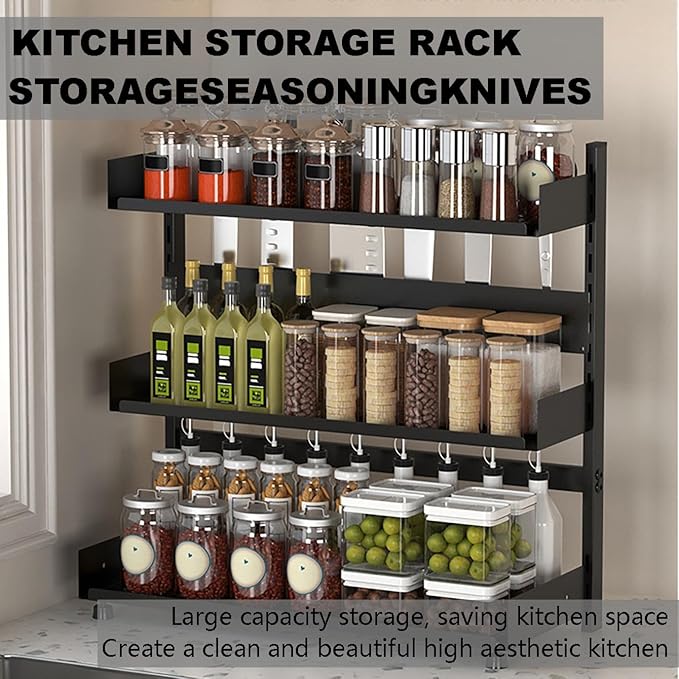 3-Tier Spice Rack Organizer with Knife Holder, Black Metal Counter Storage Shelf, 15.75x15.5x6.69 Inch, Adjustable Height, Detachable Design