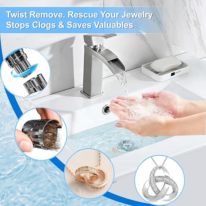 Bathroom Sink Stopper, Pop Up Drain for Bathroom Sink, Sink Plug Hair Catcher, Silent Popper Core with Removable Stainless Steel Filter Basket (Brushed Nickel, 2 Pack)
