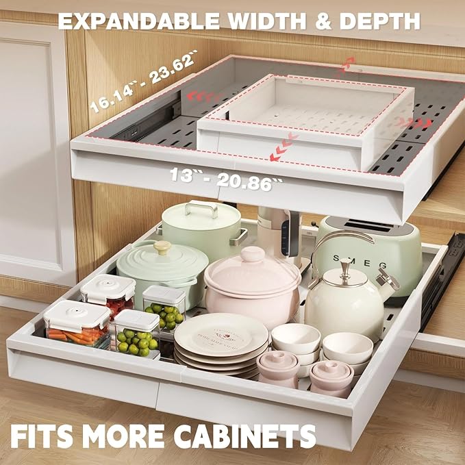 Seinloes Pull Out Cabinet Organizer, 4-Side Expandable to Fit Most Cabinets, 3 Rail Slide Out Drawers with Raising Pad for Framed & Frameless Cabinets, 13"-21" W x 17"-24" D, White, 4 Pack