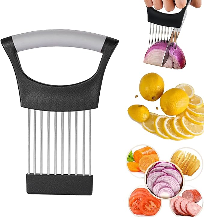 Upgraded Stainless Steel Lemon Slicer Onion Cutter, Onion Holder for Slicing, Vegetable Cutter Kitchen Chopper Slicing Assistant Tool for Potato and Tomato Avocados Eggs Meat (1, Black Grey)