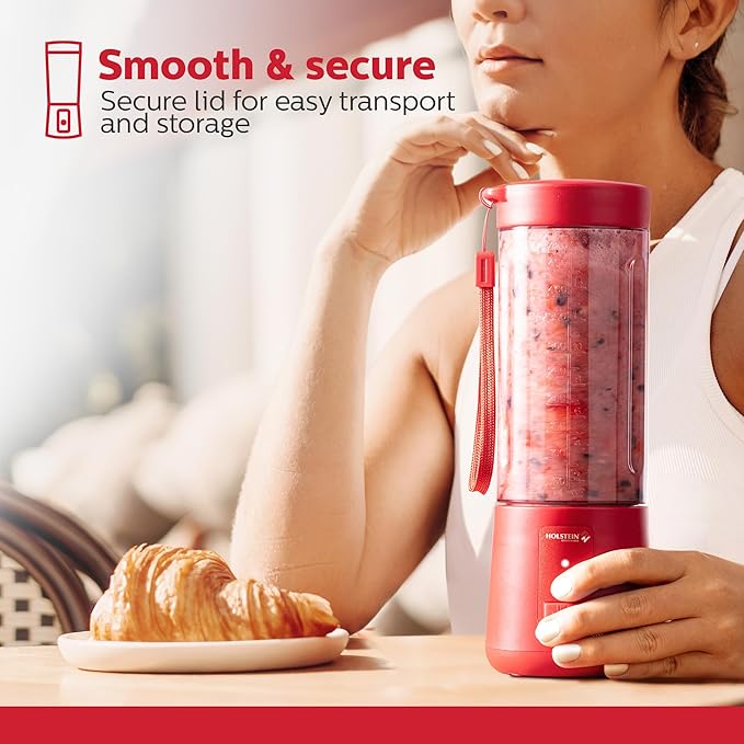 Holstein Housewares - USB Portable Blender, 16oz Personal Smoothie & Shake Maker with Rechargeable Battery, Type-C Fast Charging, Spill-Free Lid & Indicator Light - Red