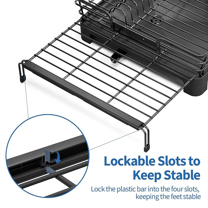 TOOLF Dish Drying Rack - Expandable Dish Rack, Large Capacity Dish Drainer for Kitchen Counter, Stainless Steel Dish Strainer with Cups Holder & Utensil Holder,Black