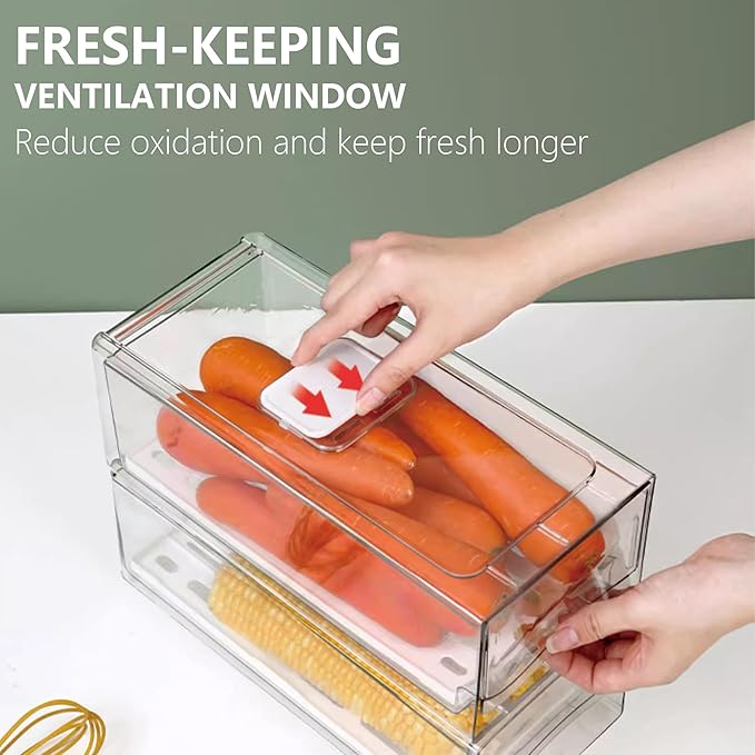 Fruit Storage Containers for Fridge with Strainer, BPA-Free Fridge Organizers and Storage, Stackable Clear Pull Out Refrigerator Organizers Drawer for Fruit,Vegetable,Produce,Berry,Food (2 Pack)