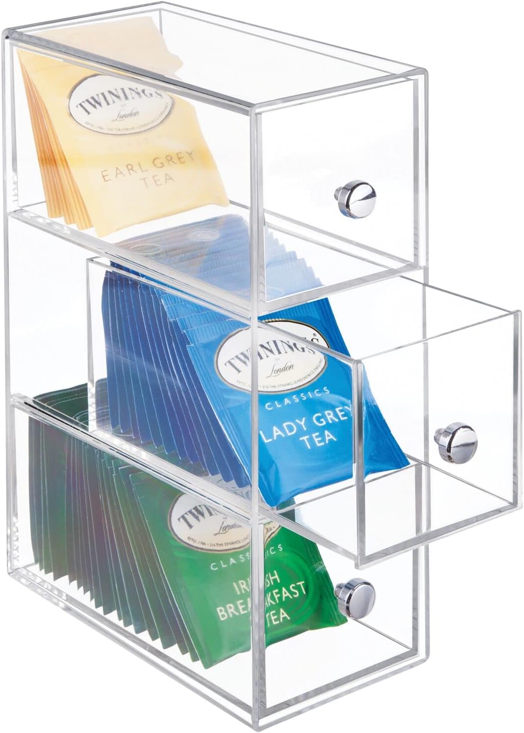Plastic Kitchen Pantry Stackable Storage Organizer Container Station with 3 Drawers for Cabinet, Countertop, Holds Coffee, Tea, Sugar Packets, Creamers - Lumiere Collection - Clear