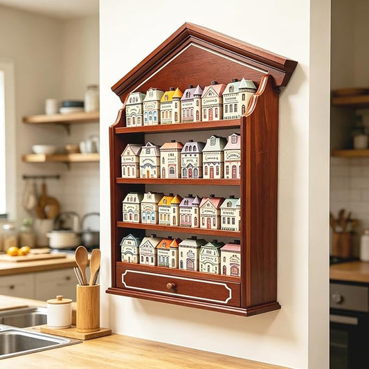 Vintage Wooden Spice Rack with Drawer and 4 Shelves, Wall Mounted Spice Village Display Shelf for Kitchen Storage, Holds 24 Jars, 22 x 17 x 4 Inches, Rack Only