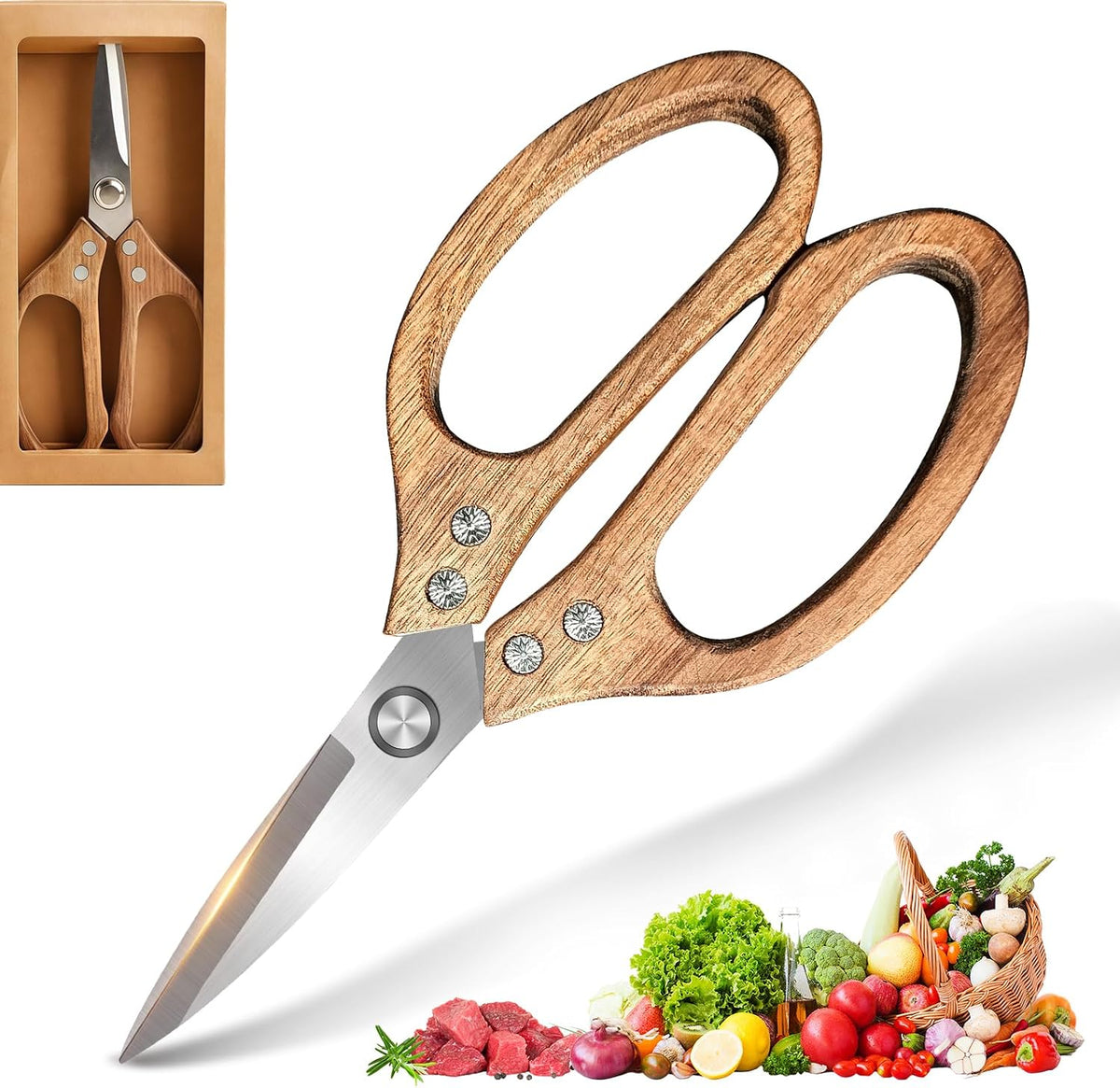 ShapFoud All Purpose Shear, kitchen scissors for food,Pecan Wood Handles 8.45 x 4.06 x 0.5 inches