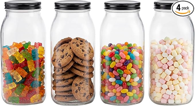 novelinks 64 oz Large Plastic Mason Jars with Airtight Lids, 4 Pack Big Jars Wide Mouth and Plastic Storage Containers for Pantry, Pickle, Sauce, Sugar (4 Pack,Black)