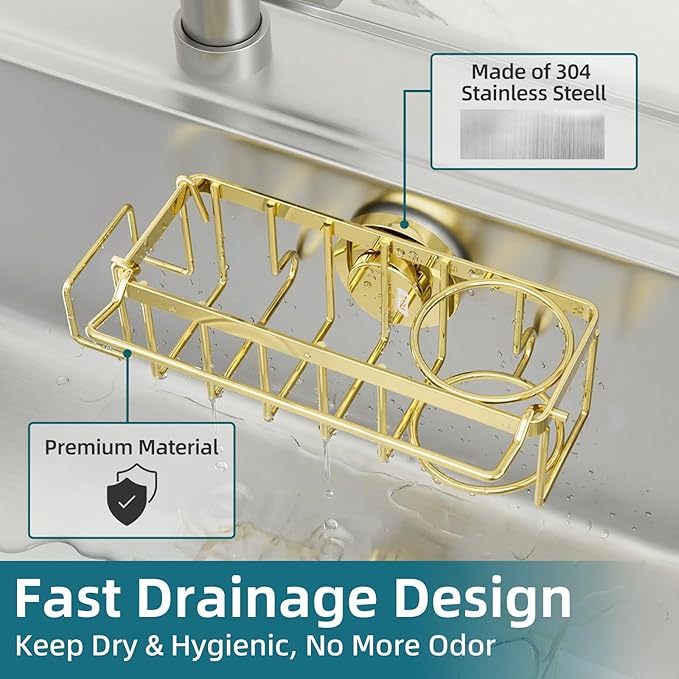 TAILI 4-in-1 Sink Caddy with Strong Suction Cup, Sponge Holder for Kitchen Sink Organizer, Removable, Rustproof, Stainless Steel Holder for Sponge, Brush, Scrubber, Scraper - Gold